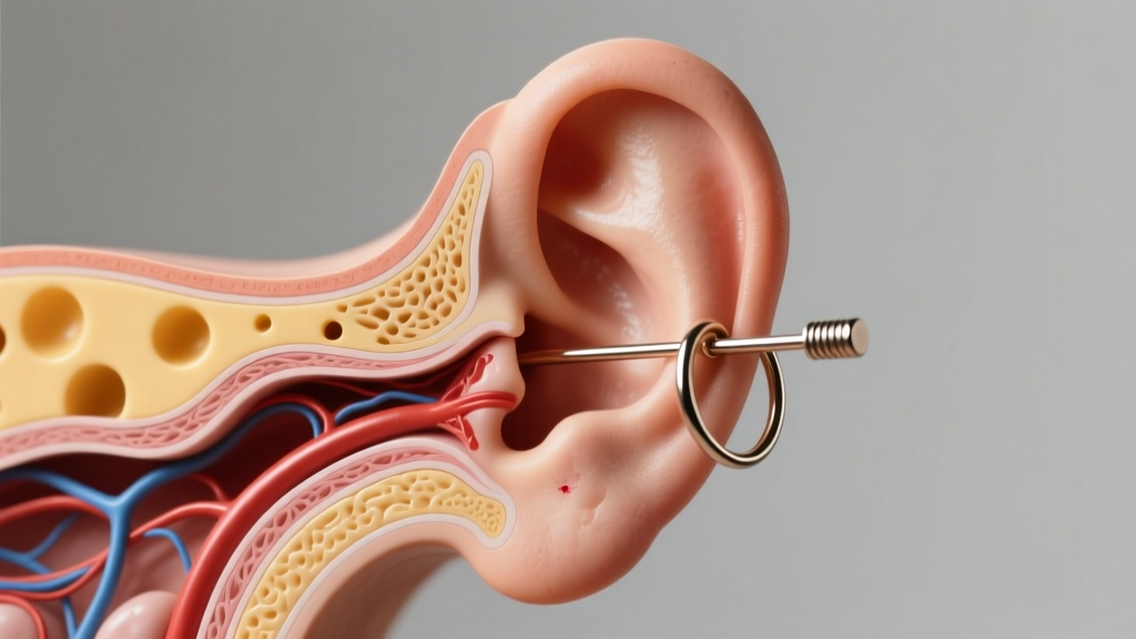 Diagram of an earlobe cross-section showing the cheese-cutter effect caused by a heavy hoop on a thin 20-gauge wire earring post