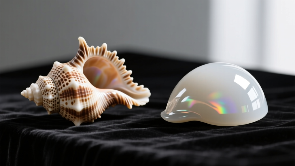 Macro photography comparing a real marbled cone shell with natural pitting next to a smooth synthetic resin replica on velvet
