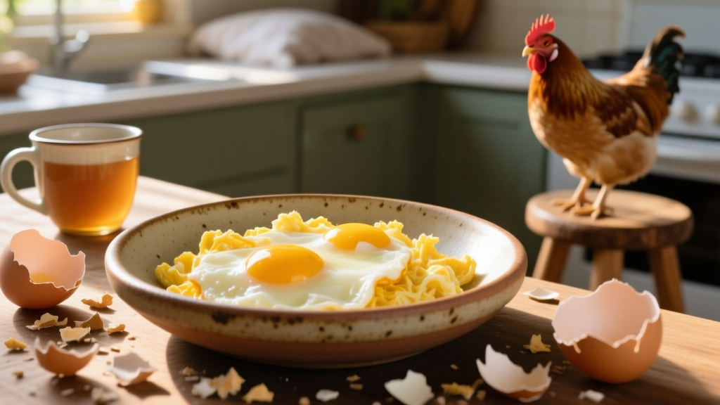 A close-up of scrambled and hard-boiled eggs served in a ceramic dish beside crushed eggshells for calcium supplementation