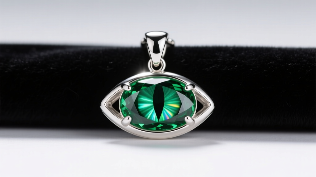Sterling silver cat eye pendant with a green chrysoberyl cabochon displaying a sharp chatoyancy band under bright studio lighting