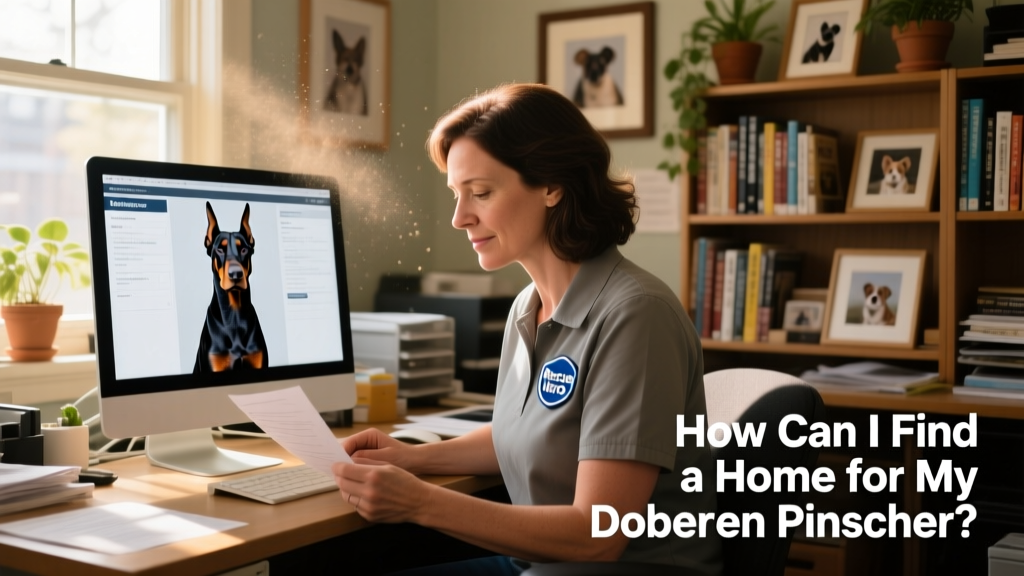 A volunteer reviewing adoption applications at a local rescue office with a Doberman photo on screen