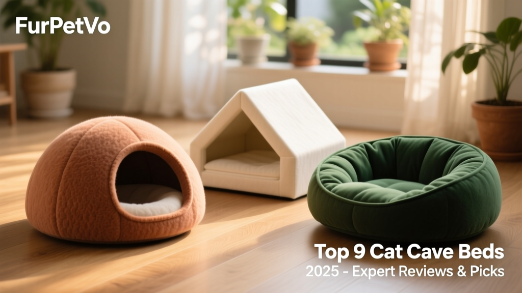 Three different FurPetVo cat cave beds arranged together—a felt dome, a linen minimalist model, and a memory foam nest—showcasing variety in texture, color, and size