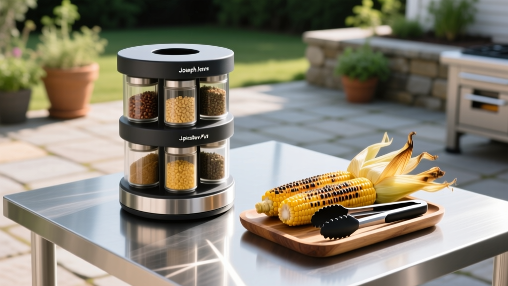 Close-up of a Joseph Joseph SpiceStore Plus carousel rotating on a stainless steel outdoor prep table next to grilled corn and tongs