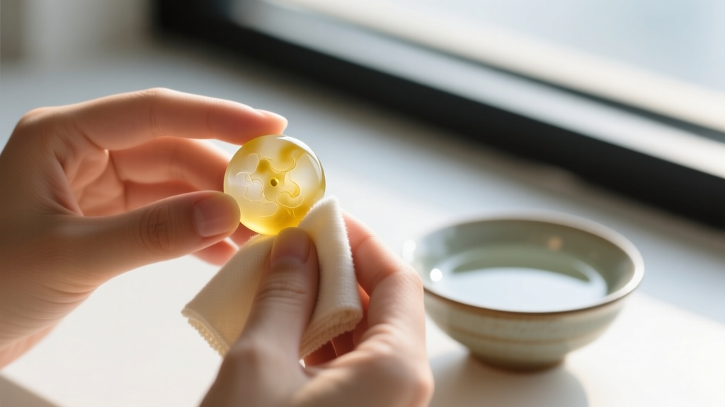 Hands wiping a cloudy yellow jade bead with a microfiber cloth, alongside a small bowl of distilled water in the soft background.