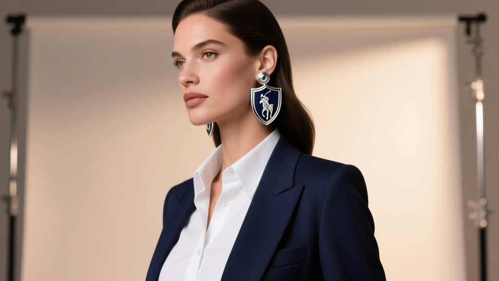 Woman wearing large Ralph Lauren crest shield clip-on earrings, styled with a white shirt and navy blazer in soft studio lighting.