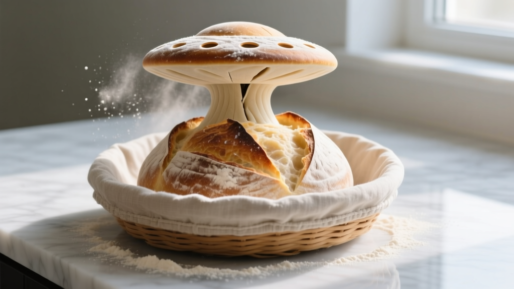 UFO bread lame scoring a high-hydration dough ear, rice flour dusted across a linen-lined banneton basket on a marble slab.