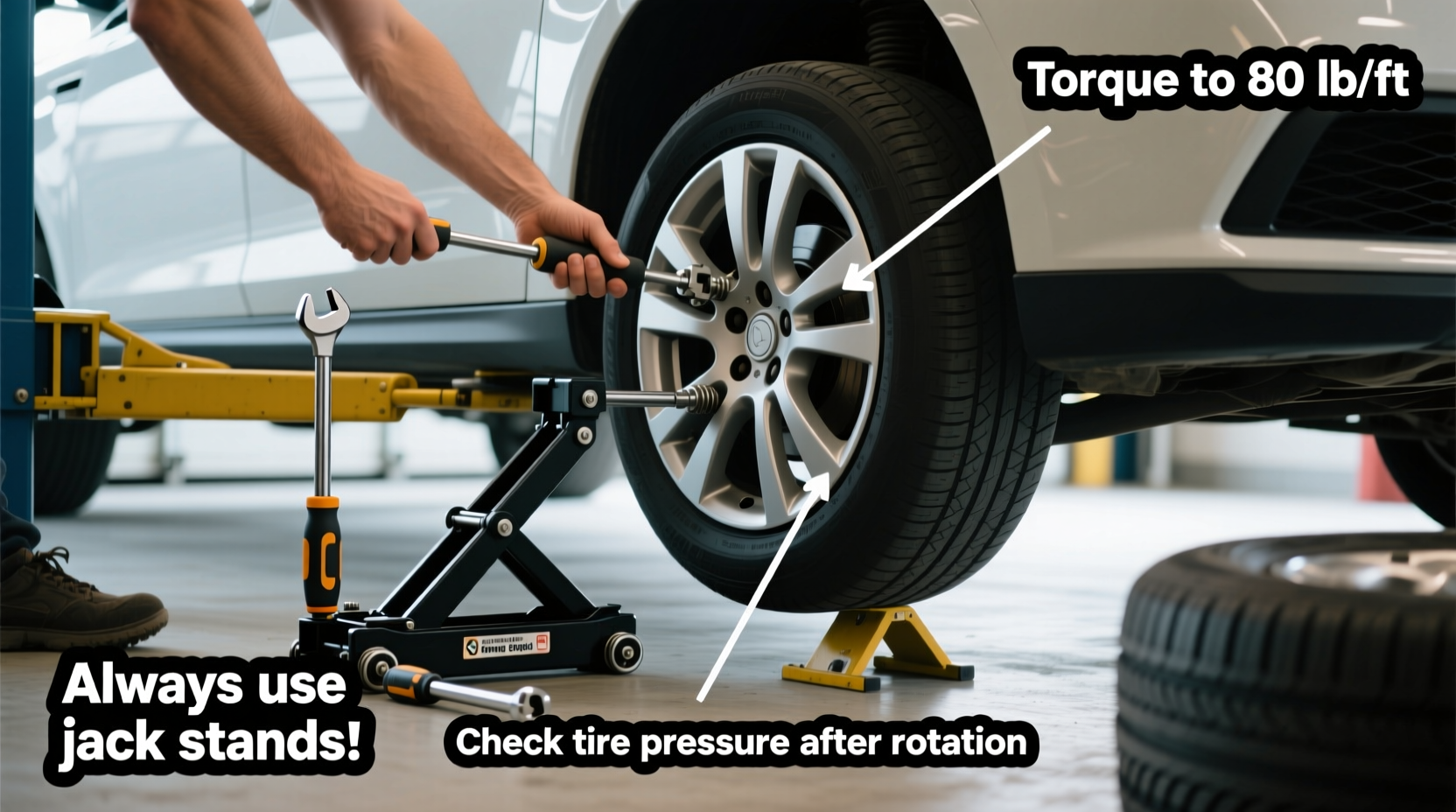 how to rotate tires at home safely without lifting the car unevenly