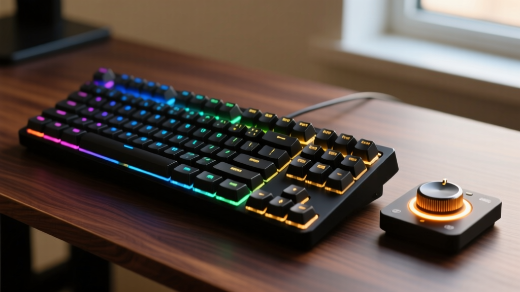 A meticulously assembled custom 65% mechanical keyboard with RGB underglow resting on a dark walnut desk next to a glowing macro dial pad.