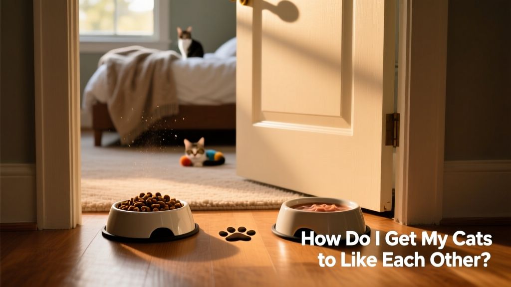Two food bowls placed on opposite sides of a closed bedroom door