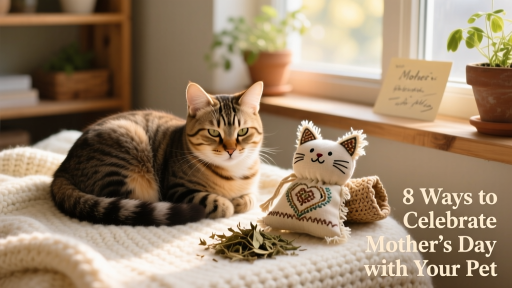 A tabby cat curled up contentedly on a soft blanket beside a handmade fabric catnip toy and a small pile of dried catnip leaves