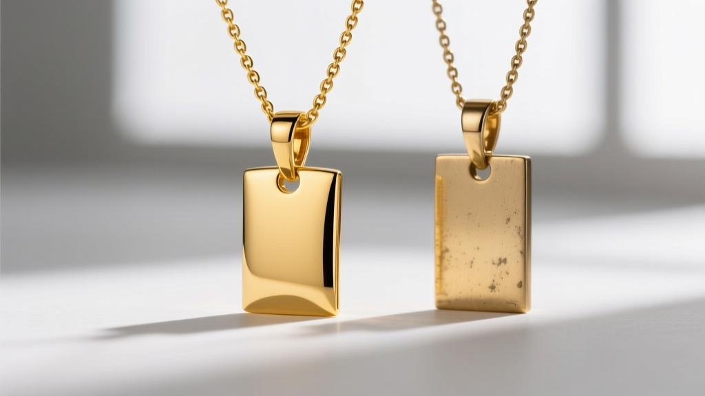 Close-up comparing a 14k solid gold tab necklace to plated brass, highlighting distinct color depth and polished edge finishing.