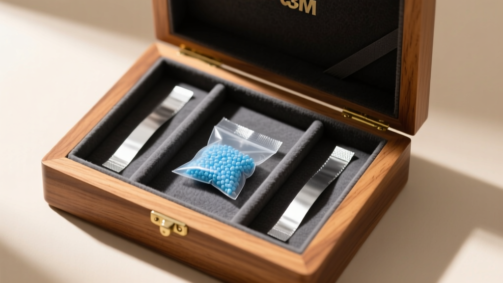 Open wooden jewelry box lined with anti-tarnish suede, displaying a fresh silica gel packet and 3M tarnish-prevention strips.