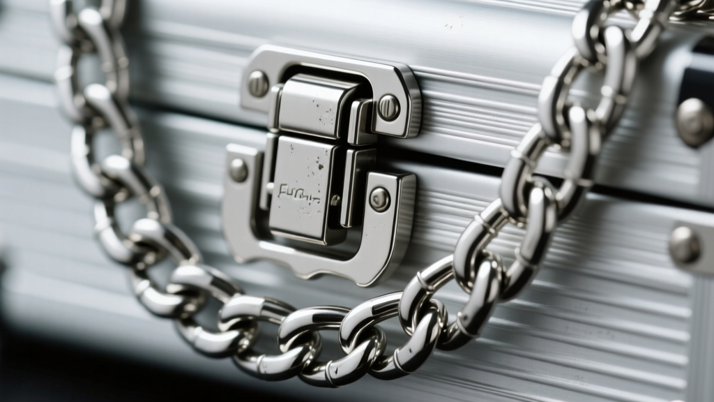 Extreme close-up of a heavy-duty silver box clasp with double safety catches securing a thick, solid silver curb chain necklace