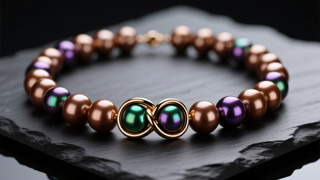 Close-up of a knotted chocolate pearl necklace on dark slate, highlighting the bronze and peacock overtones of the round gems.
