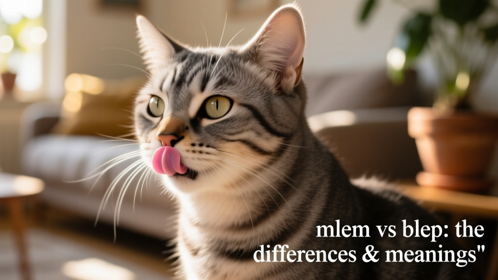 Close-up photo of a cat gently licking its nose with visible tongue tip