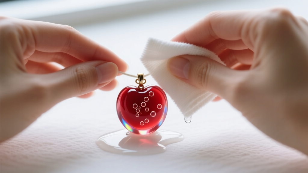 Close-up of hands using a soft microfiber cloth and mild soapy water to gently wipe a translucent cherry-red resin candy pendant