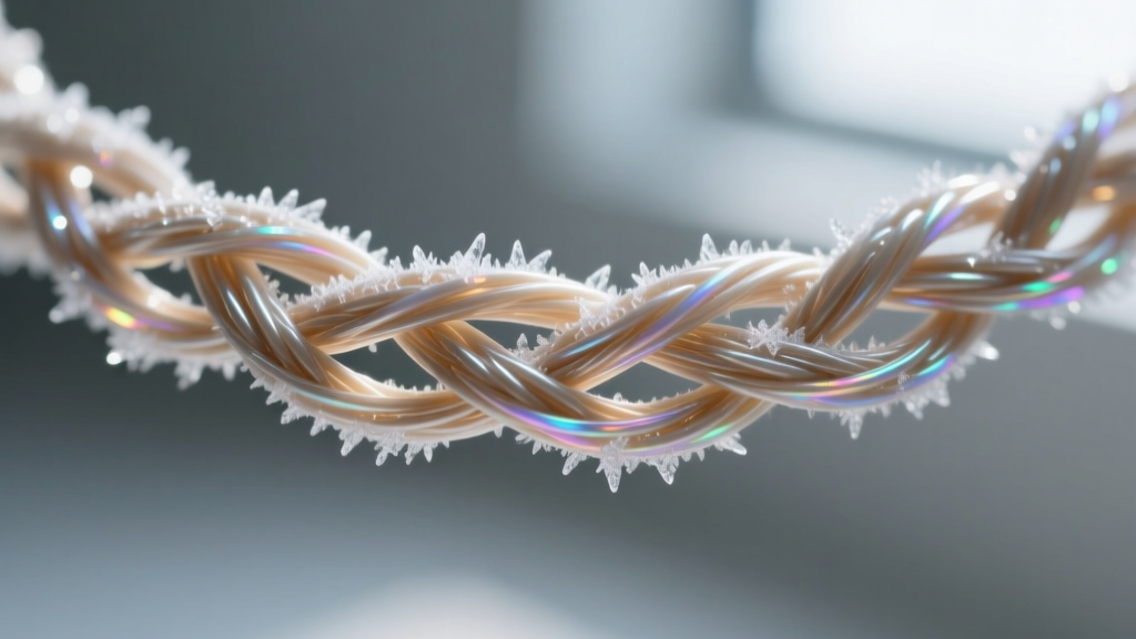 Close-up of synthetic nylon twine necklace fibers magnified to show bonded filament structure and microcrystalline wax coating