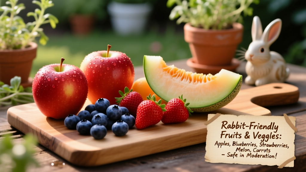 Assorted safe fruits for rabbits: apples, blueberries, strawberries, and melon slices