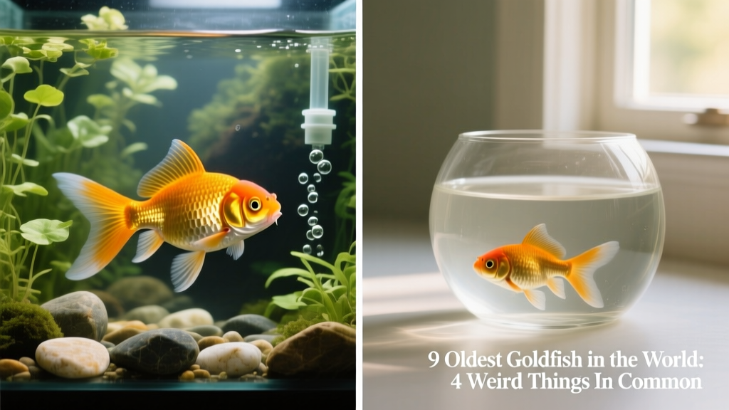 Side-by-side comparison image showing a healthy, vibrant goldfish in a spacious, planted tank versus a stressed goldfish in a cramped, barren bowl