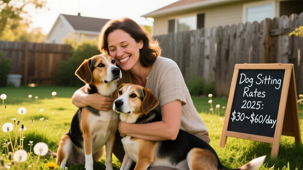 Dog sitter or dog owner embracing two dogs in an outdoor area