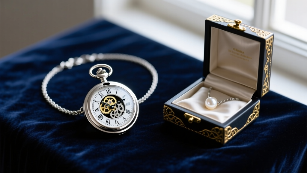 Flat lay of a vintage mechanical necklace clock in sterling silver resting on dark velvet beside an open jewelry gift box