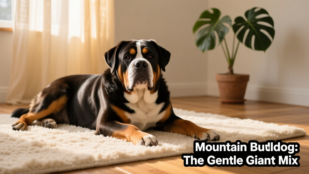 A healthy adult Mountain Bulldog lying peacefully on a soft rug indoors, highlighting its calm temperament and well-groomed coat