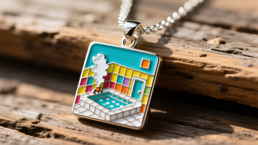 Close-up of a handcrafted hard enamel pendant depicting a pixel-art bathhouse on a sterling silver chain, resting on rustic wood.