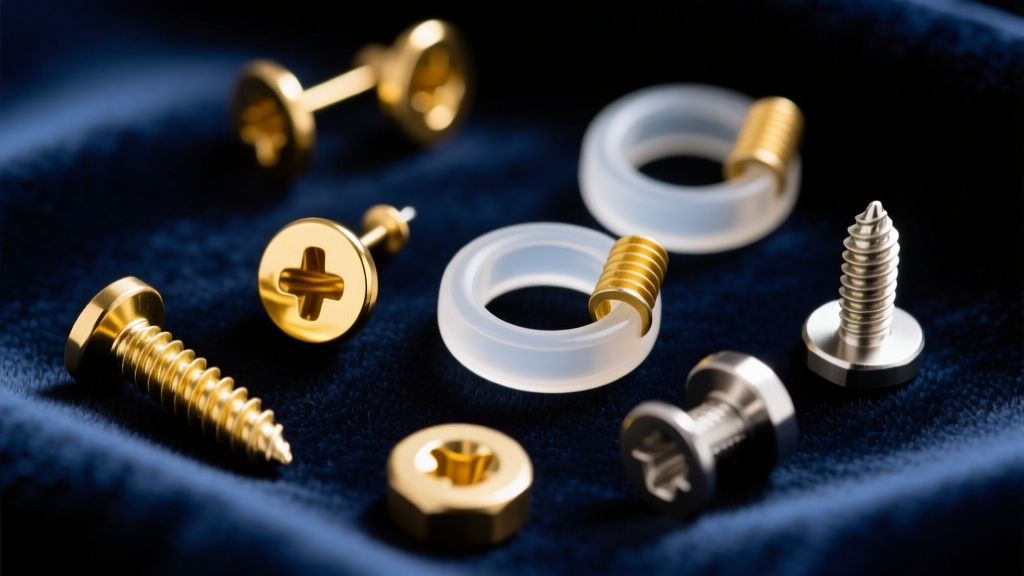 Macro shot of gold screw-backs, clear silicone O-rings, and titanium friction earring posts scattered on dark navy velvet fabric.