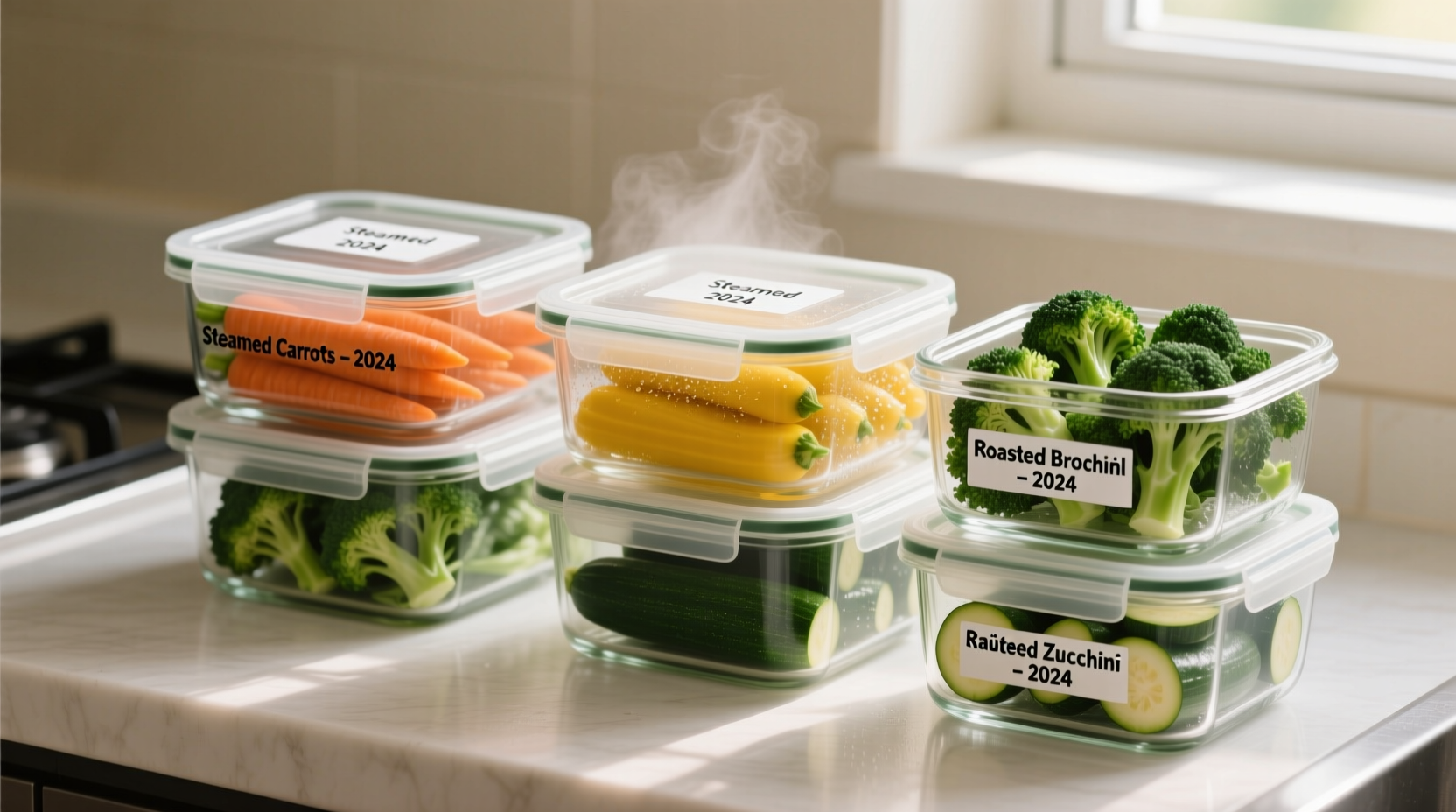 Properly stored cooked vegetables in glass containers