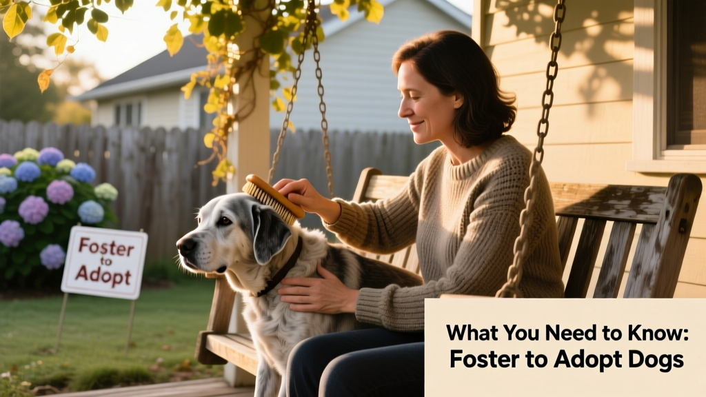 A volunteer gently brushing a senior dog while sitting on a porch swing, both appearing calm and content