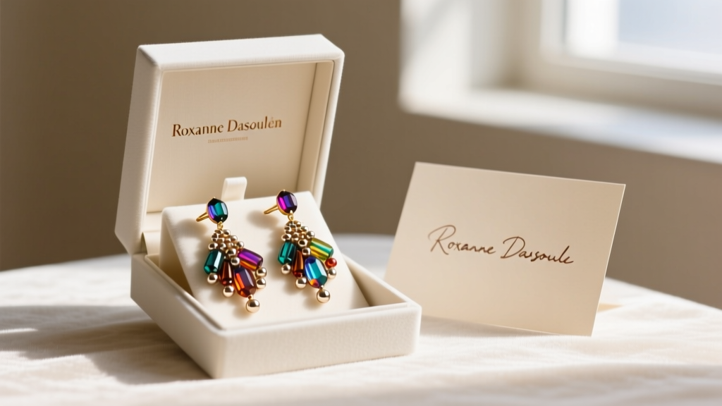 Open gift box revealing colorful beaded Roxanne Assoulin clip earrings, placed elegantly next to a handwritten greeting card.