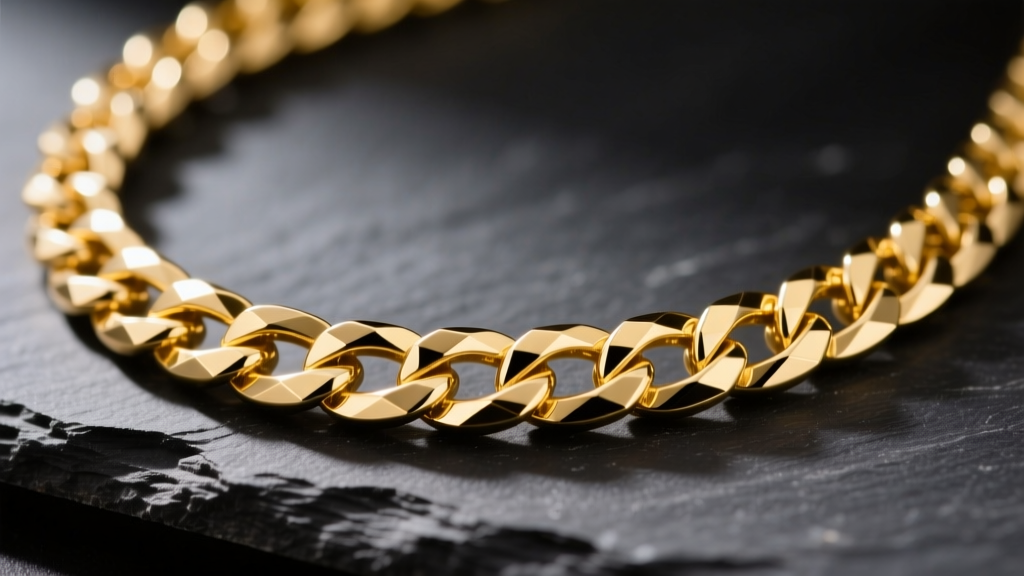 Macro shot of a 14k yellow gold flat curb chain necklace on dark slate, highlighting the interlocking diamond-cut link facets.