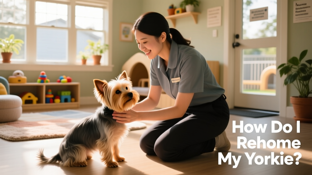 A calm, well-lit shelter playroom where a Yorkie is gently interacting with a staff member, highlighting compassionate care