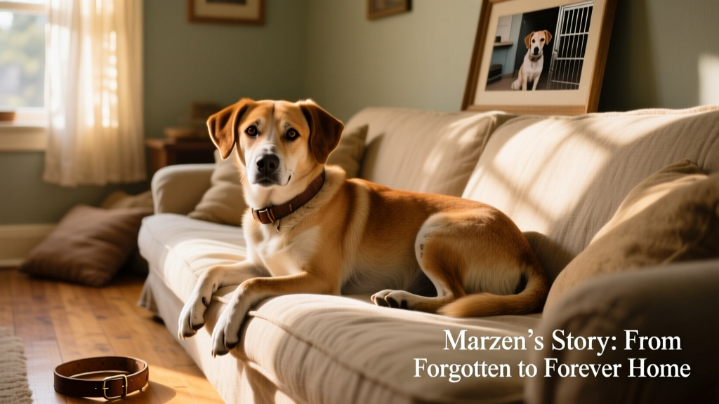 Marzen resting calmly on a sunlit couch, her gentle eyes looking softly at the camera