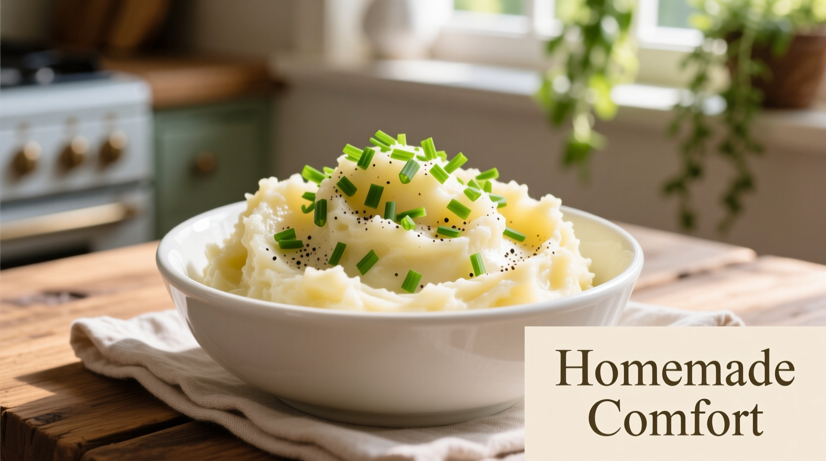 Creamy garlic mashed potatoes in white bowl with chives