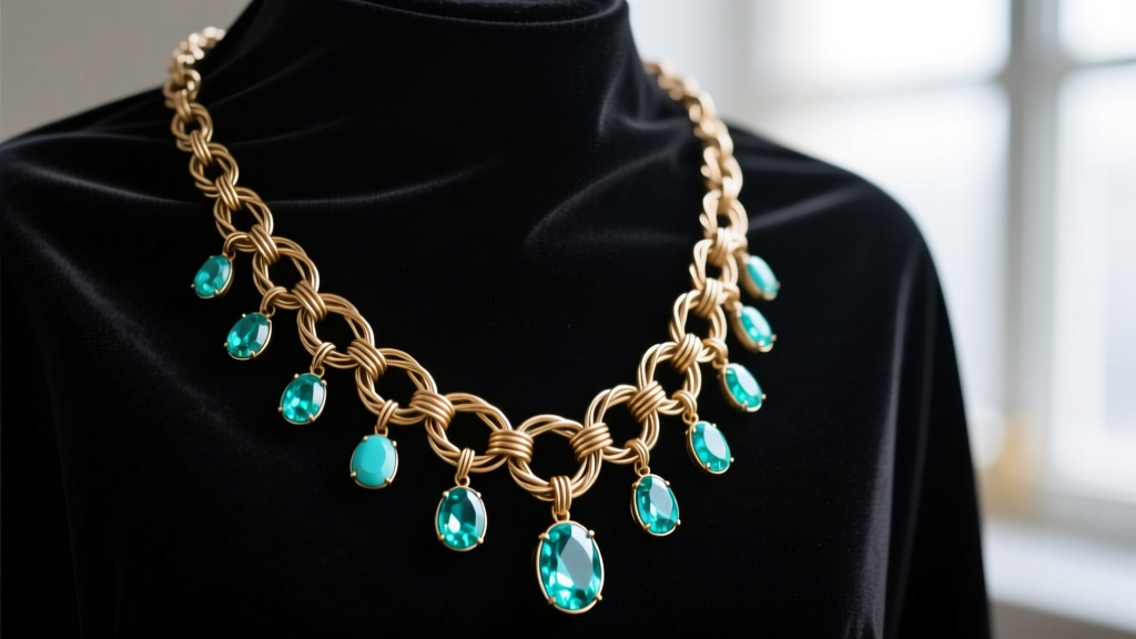 Close-up of a 32-inch brass and turquoise long statement necklace draped over dark velvet, highlighting wire-wrapped links.