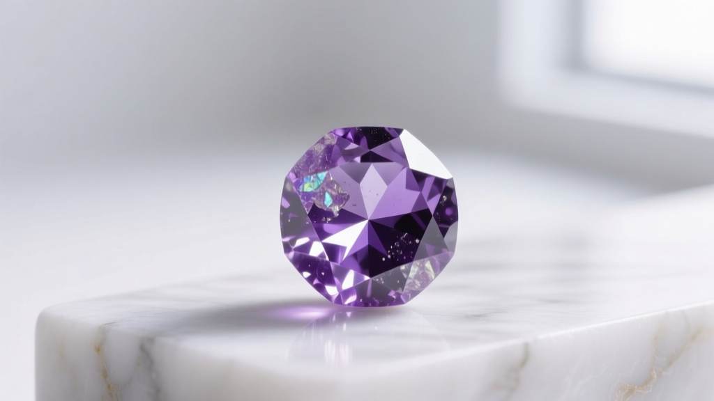 Macro shot of an 8mm faceted lepidolite bead showing violet inclusions and natural mica flakes on a white marble surface.