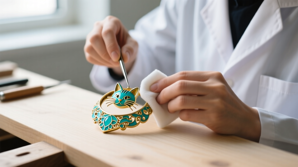 Jeweler using microfiber cloth and non-abrasive foam to clean the enamel collar of a feline pendant on a wooden workbench
