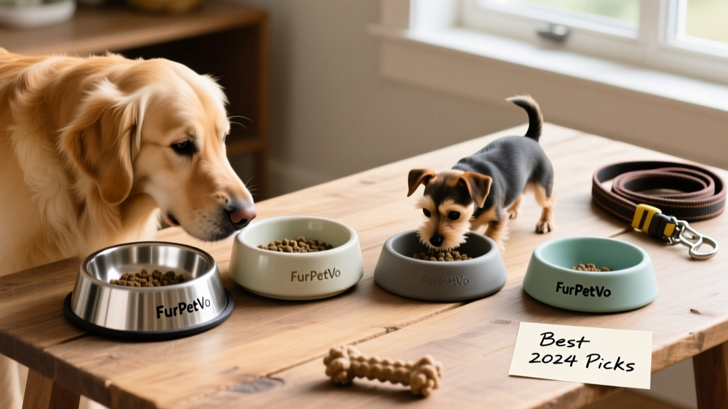 Side-by-side comparison of four FurPetVo slow feed bowls in different sizes and materials