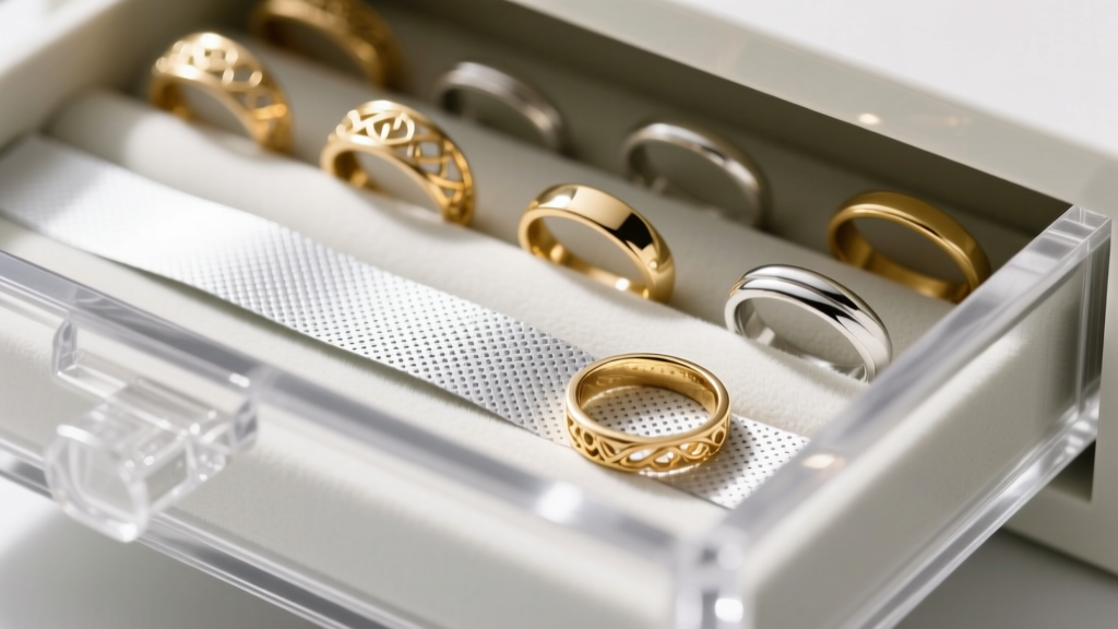 Macro shot of an anti-tarnish strip inside a clear acrylic jewelry drawer, protecting delicate gold and silver rings.