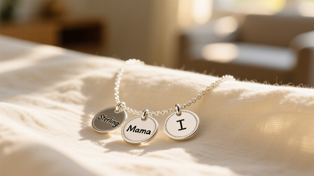 Sterling silver mama necklace with three hand-stamped initial discs resting on soft cream linen fabric in warm morning light.