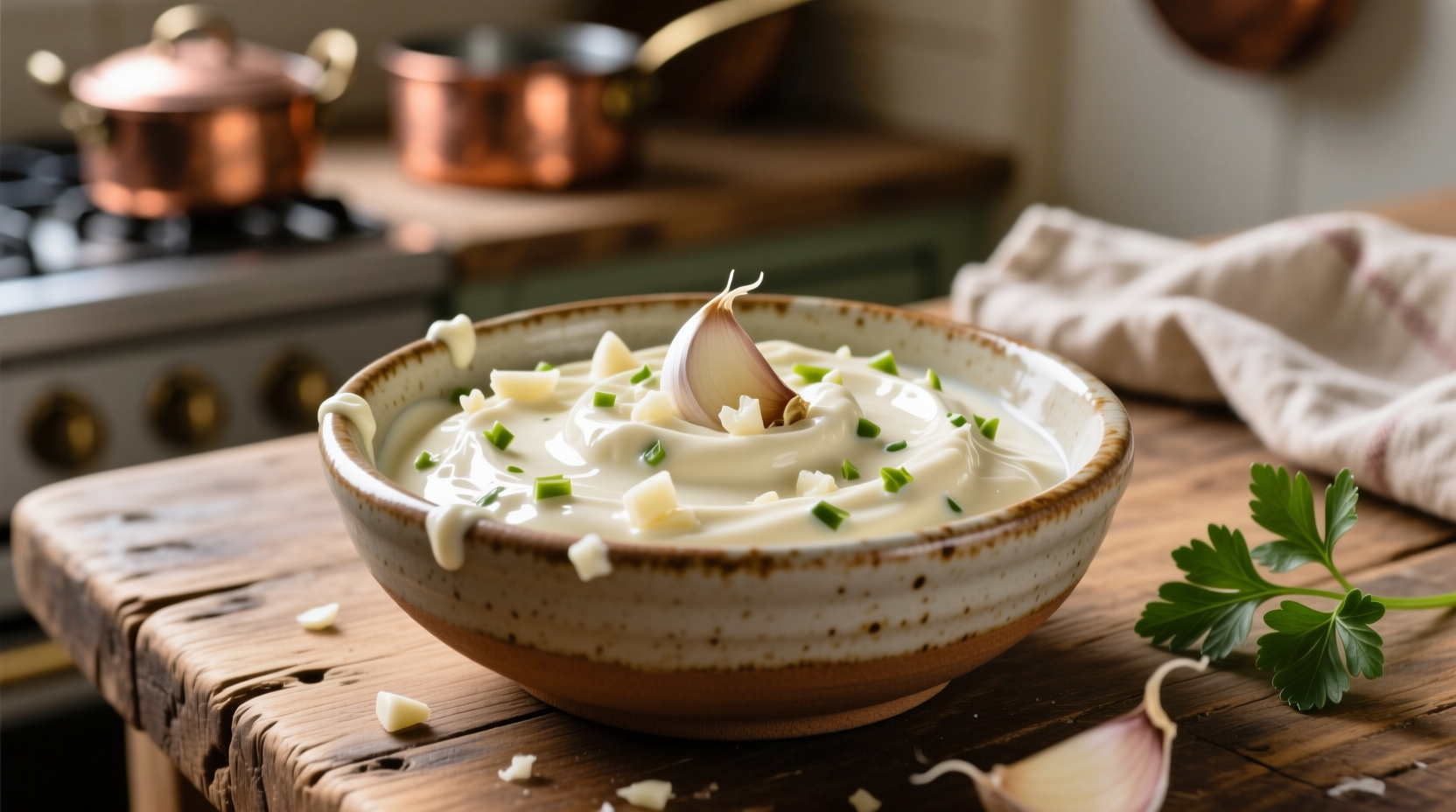 Creamy homemade garlic aioli in ceramic bowl with garlic cloves
