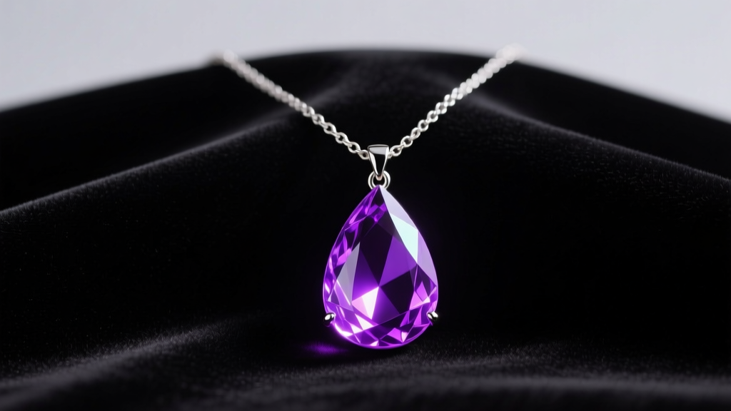 Vintage mood necklace on dark velvet, the teardrop glass pendant glowing vibrant violet under soft, directional studio lighting