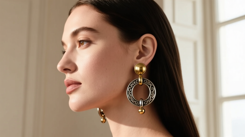 Side profile of a woman wearing steel door knockers earrings, showing proper weight distribution on an unstretched earlobe.