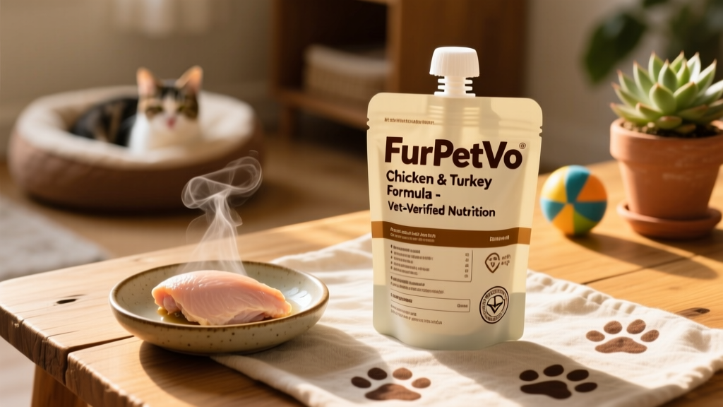 Side-by-side comparison: a small dish of plain cooked chicken beside a labeled FurPetVo wet food pouch