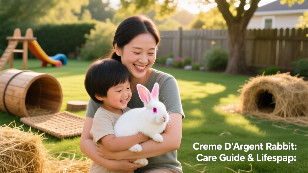 A smiling family gently holding a young Creme D'Argent rabbit in a sunlit backyard, surrounded by safe play equipment and fresh hay