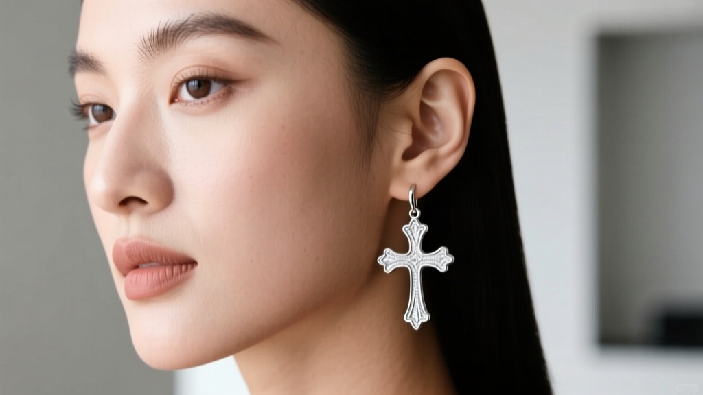 Woman wearing a lightweight hollow-cast silver dangle cross earring, showing proper lobe support and perfect vertical alignment