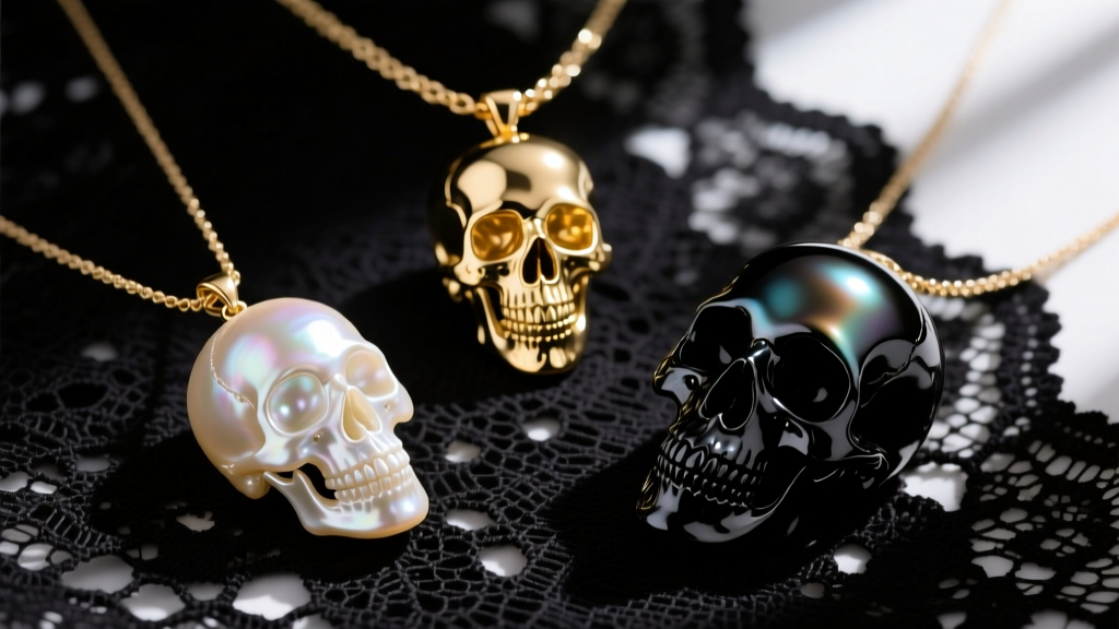 Flat lay of three pearl skull necklaces showing freshwater, black Tahitian, and gold-cast skull pendants on dark lace fabric.