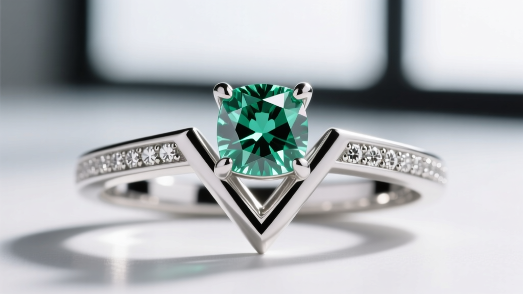 Close-up of a V-prong setting securing an emerald-cut gem corner, showing platinum metalwork and tiny diamond pave accents