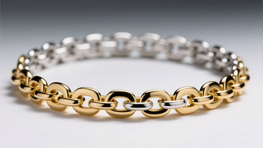 Macro shot of a sterling silver short choker necklace chain links showing thick gold vermeil plating under bright studio lighting.